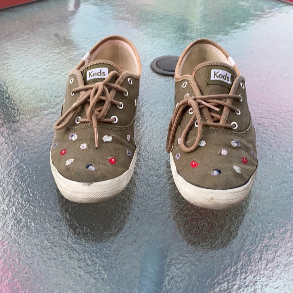 Keds Khaki Sneakers with Floral Embroidery